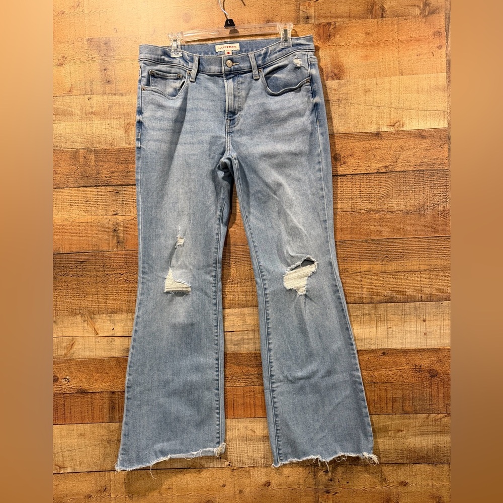 Lucky Brand Sweet Midrise Light Blue Distressed Flare Jeans Size 12